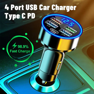 Multi Port Car Charger 250W Super Fast Charging Cigarette Lighter Adapter with LED Voltage Monitor,  4 USB Fast Charging Port + Type C PD Port Compatible with Most Smart Phone  - Imported from UK